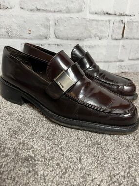 Prada brown patent buckle loafers